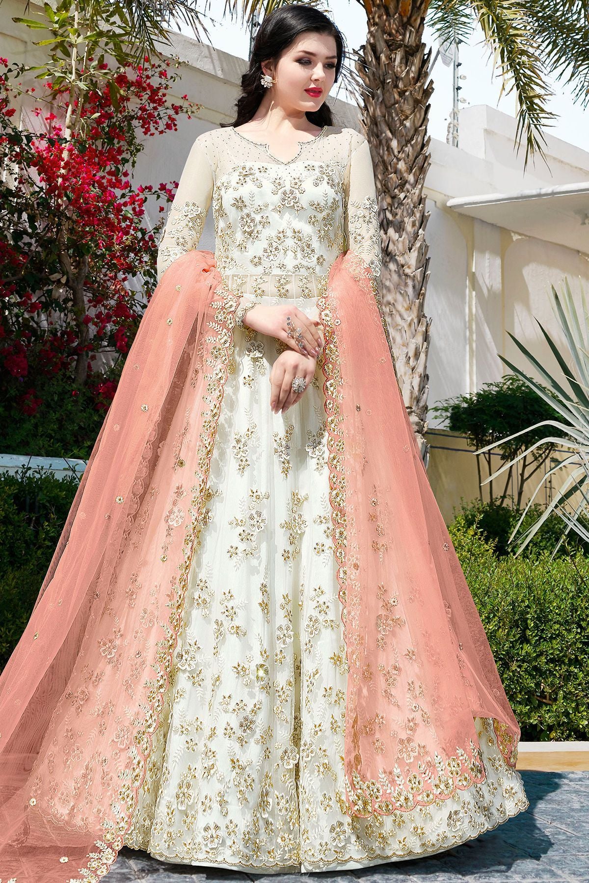 White Net Party Wear Anarkali Suit