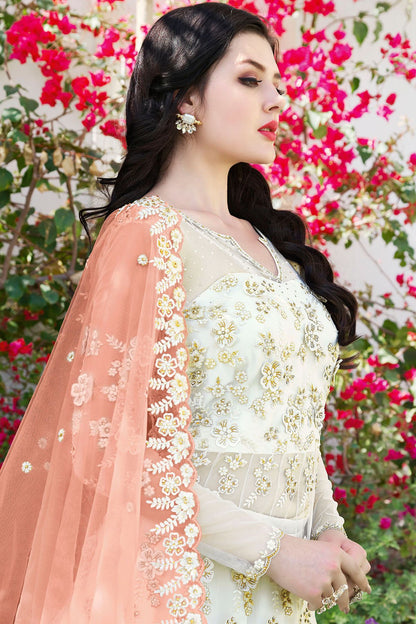 White Net Party Wear Anarkali Suit