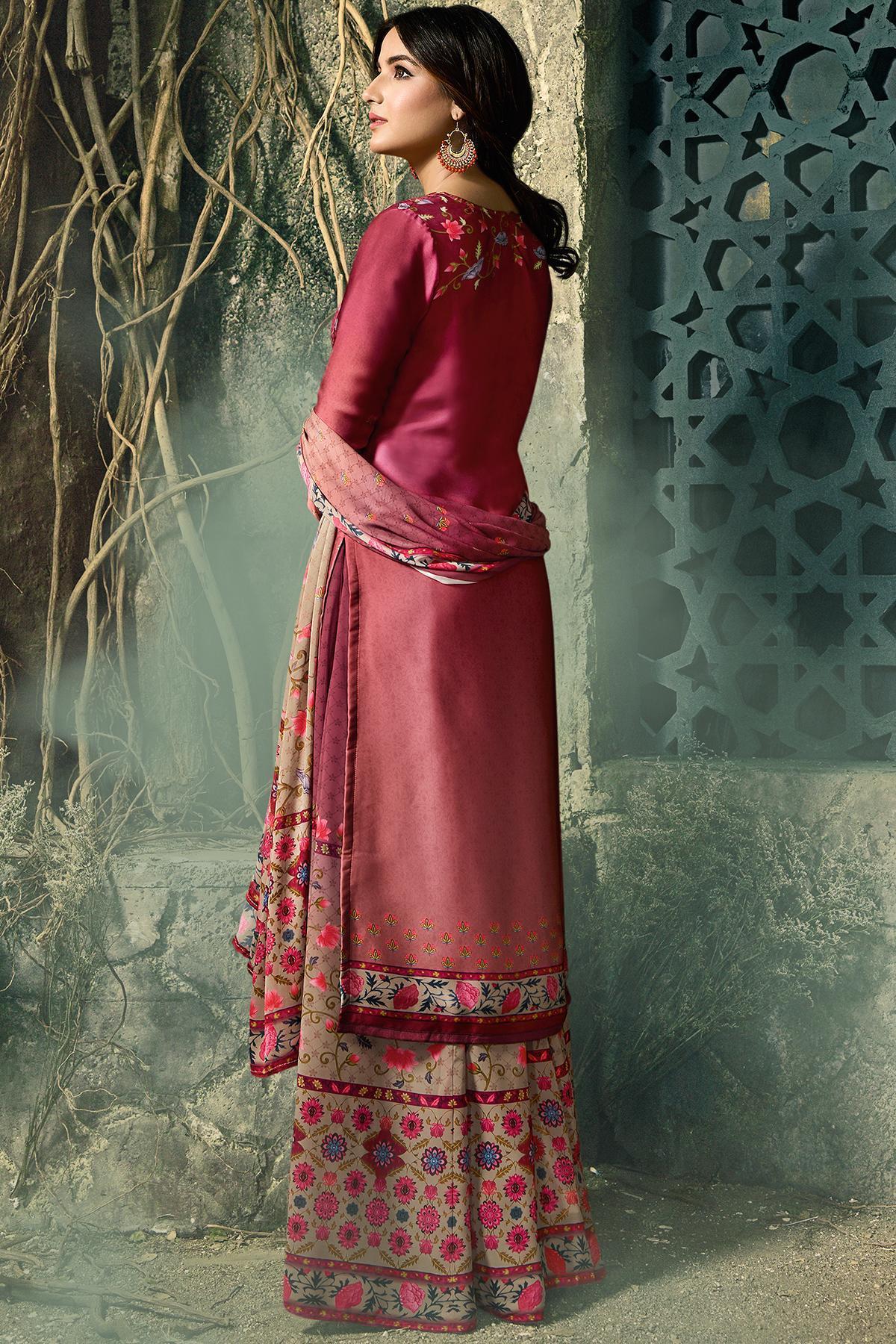 Wine and Beige Georgette Sharara Suit