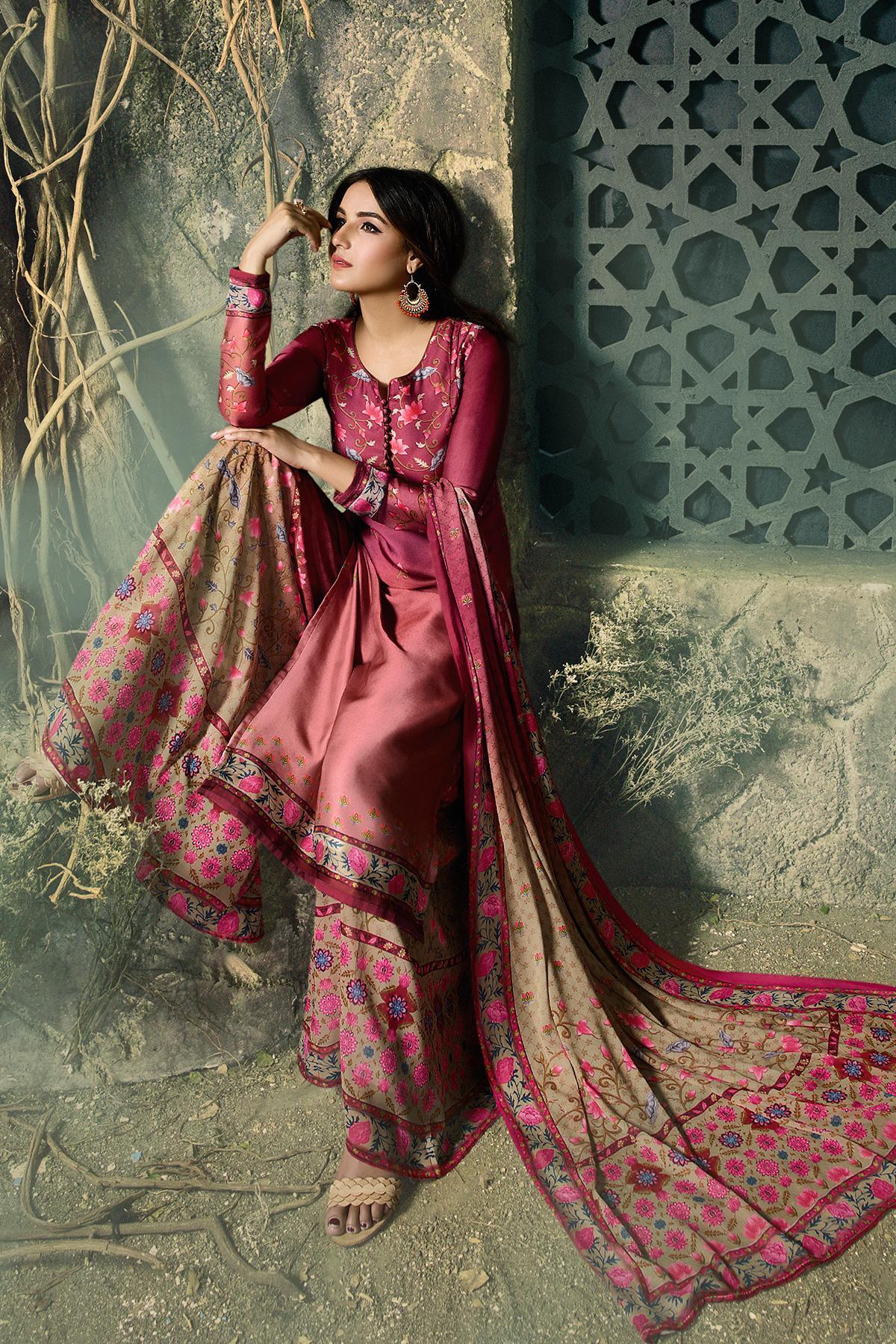 Wine and Beige Georgette Sharara Suit