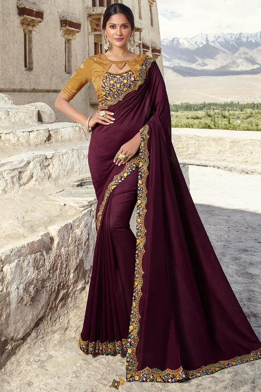 Wine And Dusty Yellow Designer Silk Sari