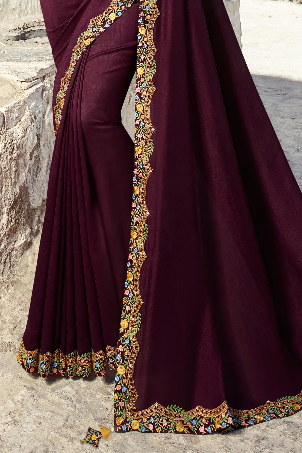 Wine And Dusty Yellow Designer Silk Sari