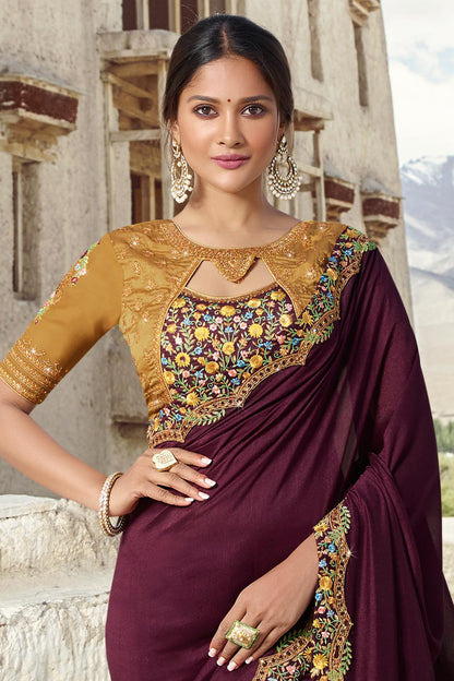 Wine And Dusty Yellow Designer Silk Sari