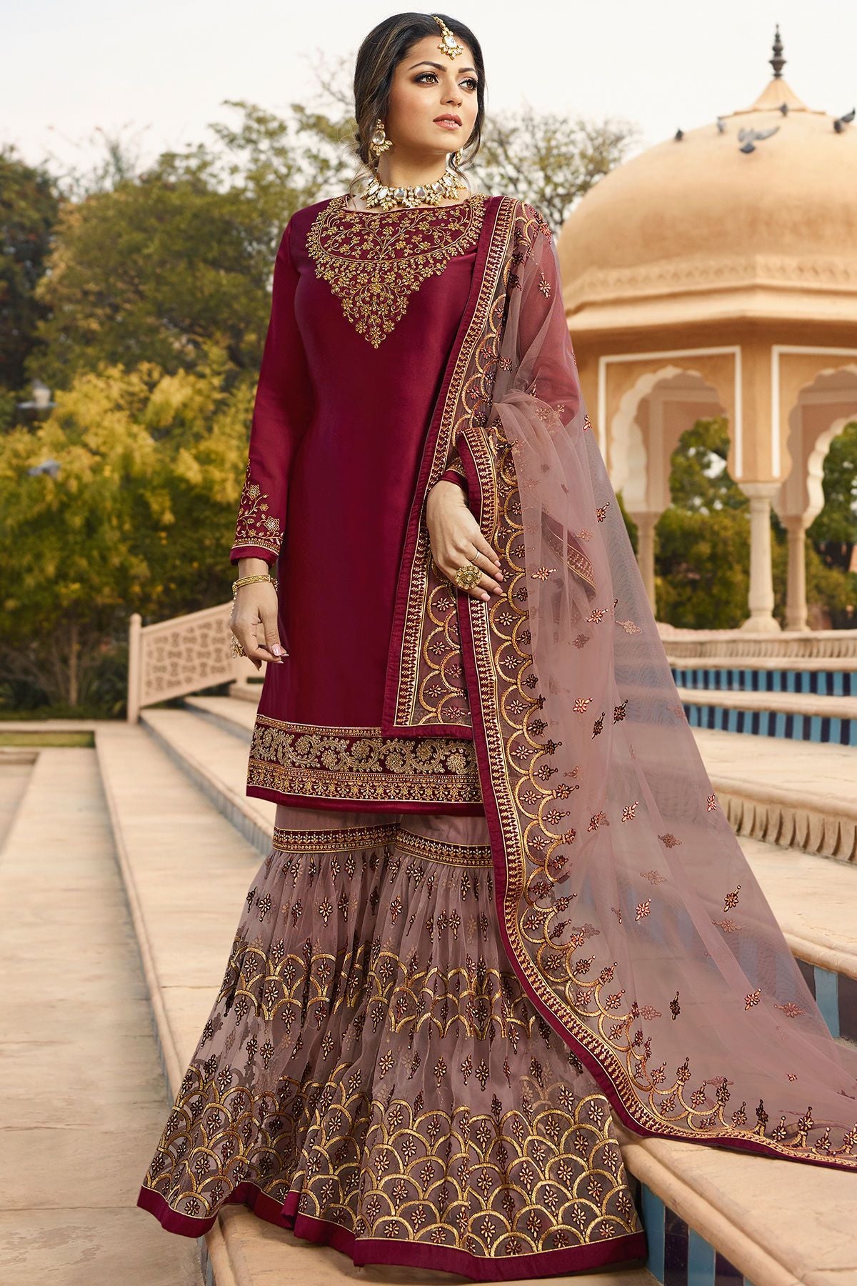 Wine and Levender Embroidered Sharara Suit