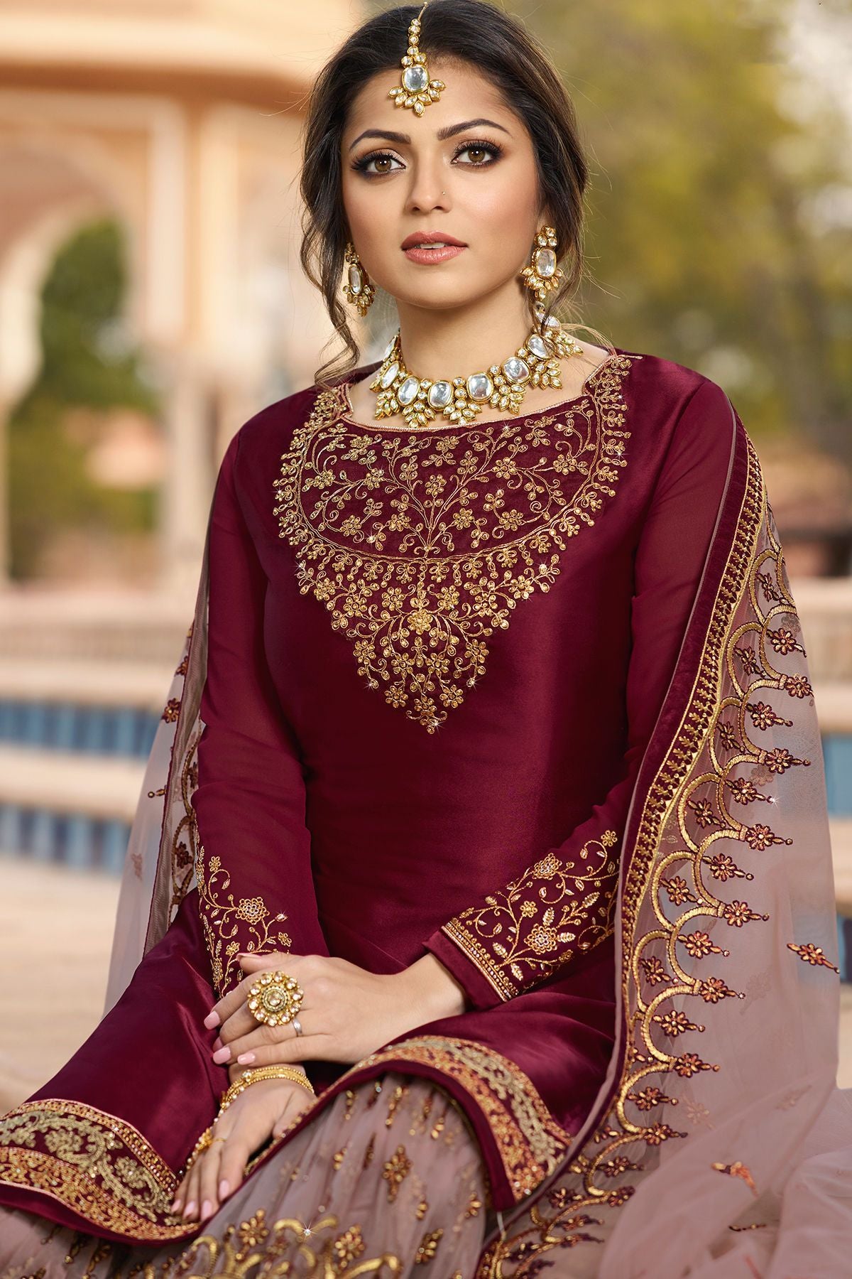 Wine and Levender Embroidered Sharara Suit