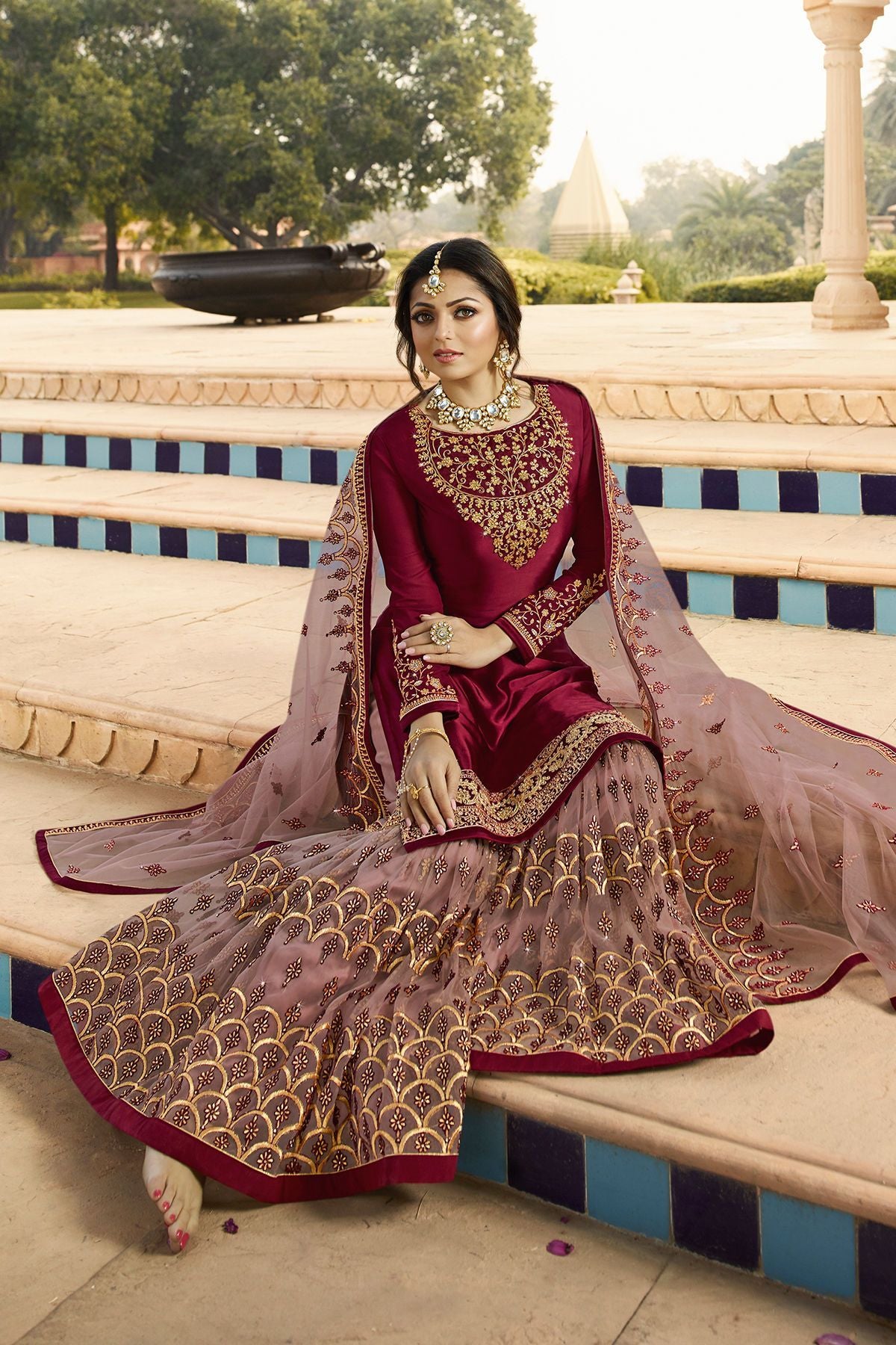 Wine and Levender Embroidered Sharara Suit