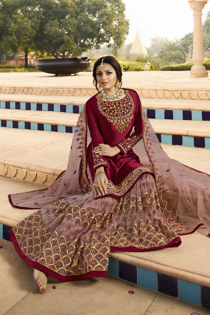 Wine and Levender Embroidered Sharara Suit