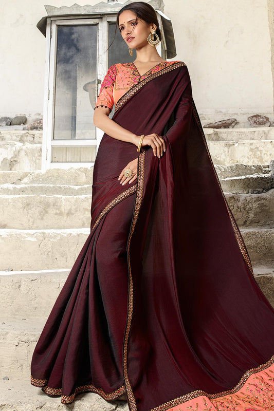 Wine And Peach Designer Silk Sari