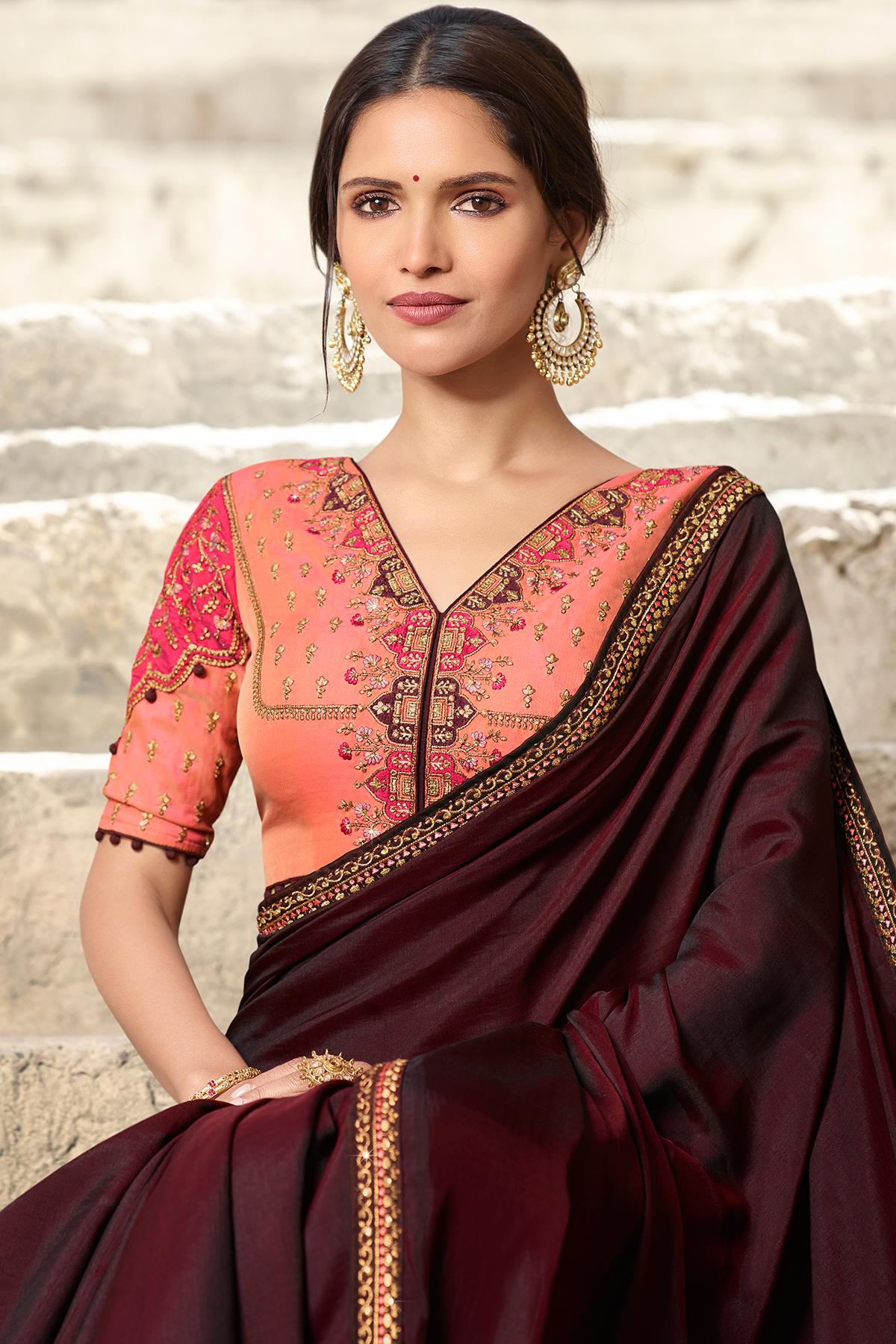 Wine And Peach Designer Silk Sari