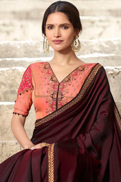 Wine And Peach Designer Silk Sari