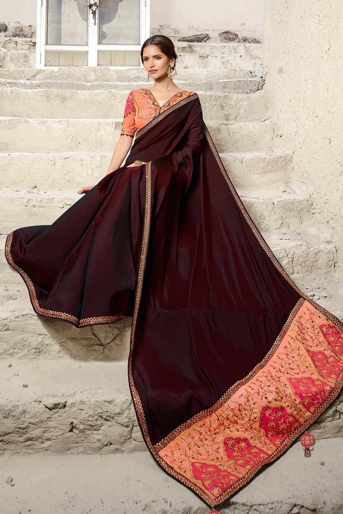 Wine And Peach Designer Silk Sari