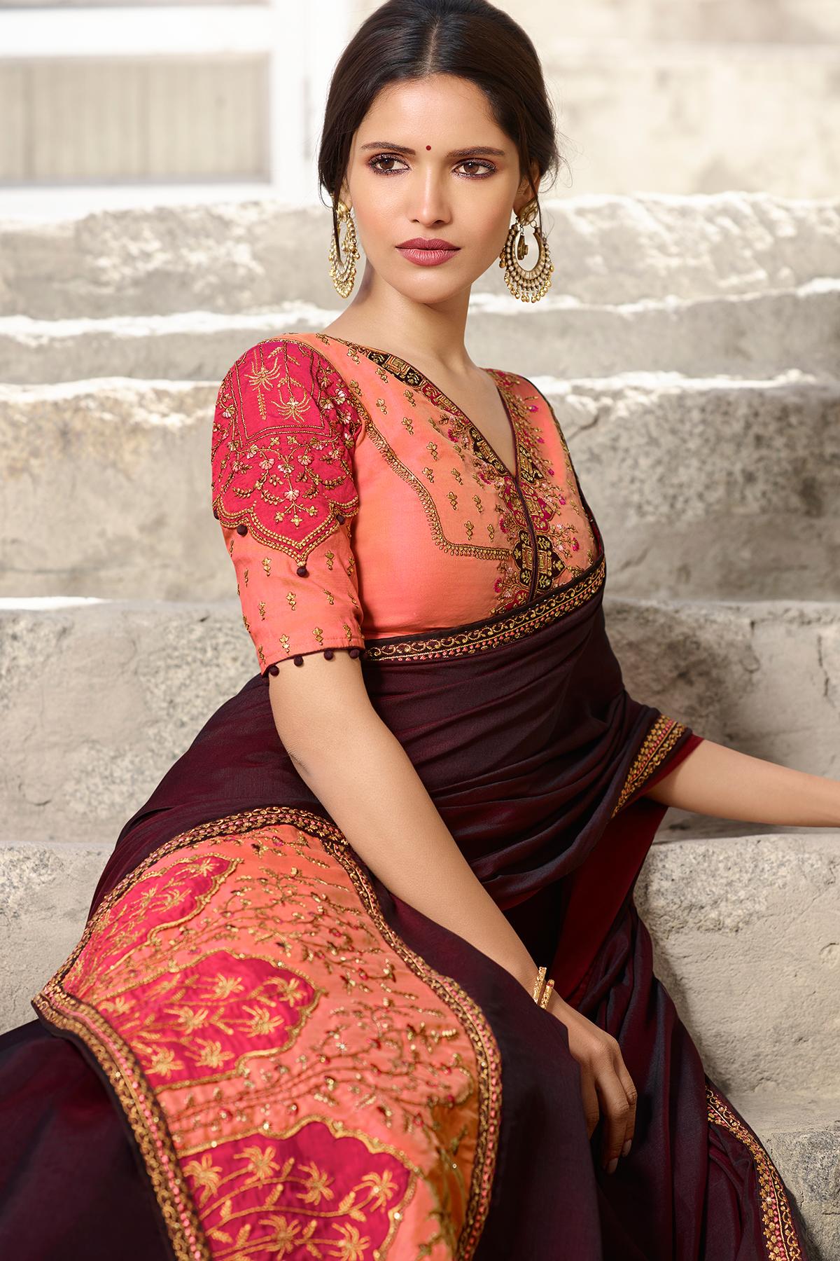 Wine And Peach Designer Silk Sari