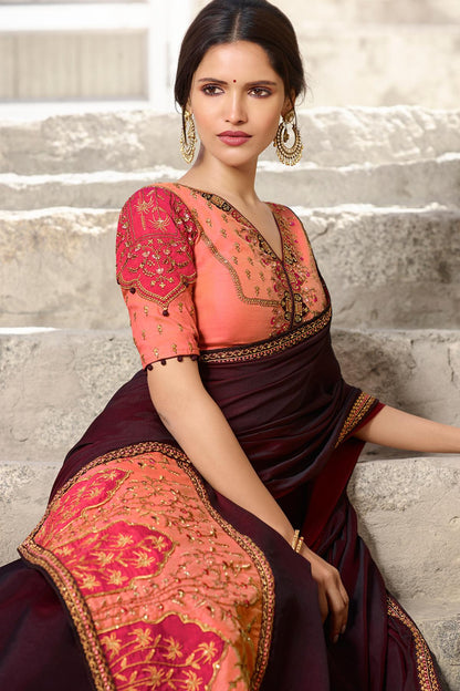 Wine And Peach Designer Silk Sari