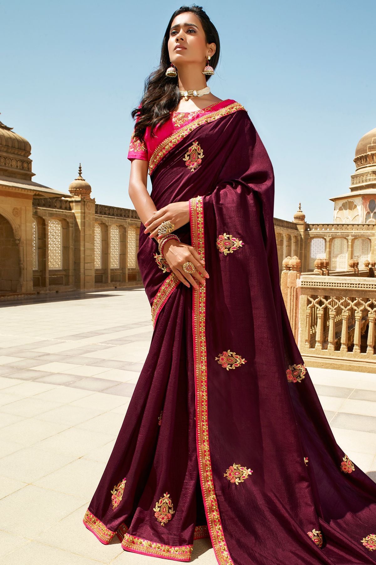 Wine and Pink Designer Dola Silk Sari