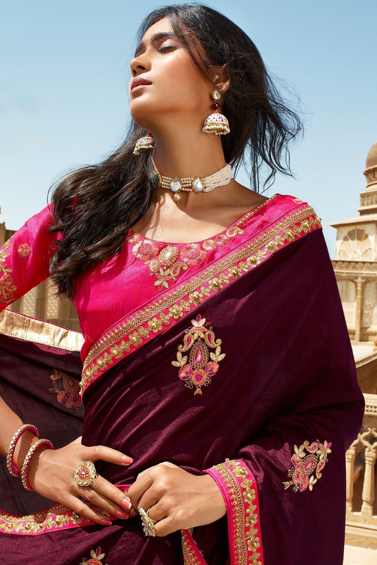 Wine and Pink Designer Dola Silk Sari