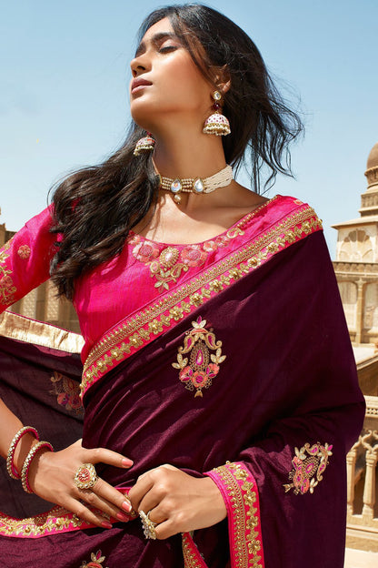 Wine and Pink Designer Dola Silk Sari