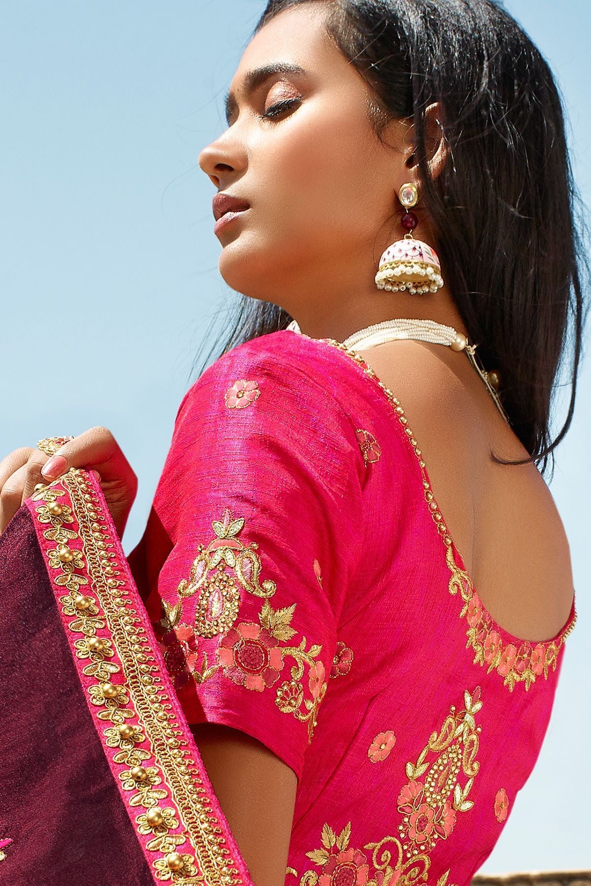 Wine and Pink Designer Dola Silk Sari