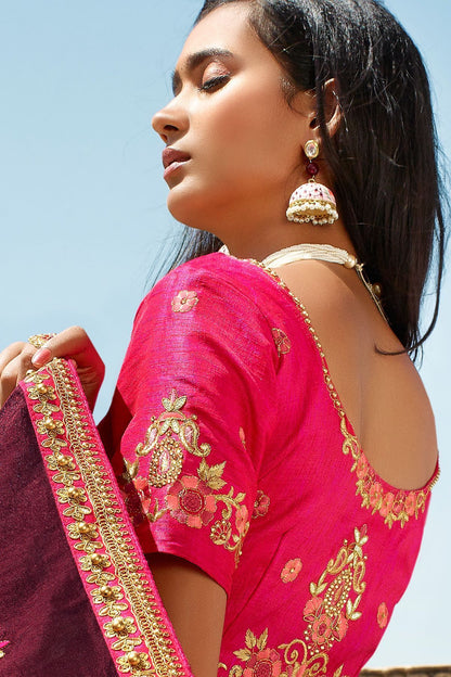 Wine and Pink Designer Dola Silk Sari