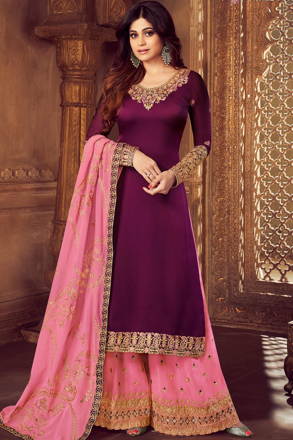 Wine And Pink Georgette Sharara Suit