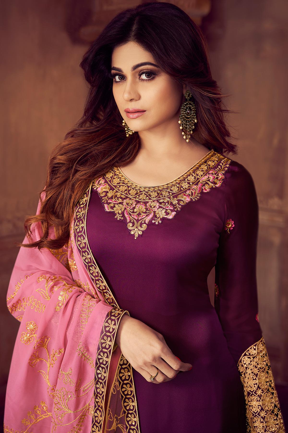 Wine And Pink Georgette Sharara Suit