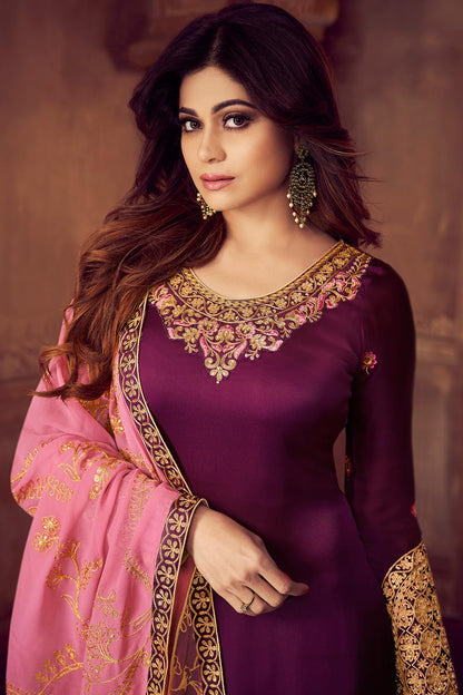 Wine And Pink Georgette Sharara Suit