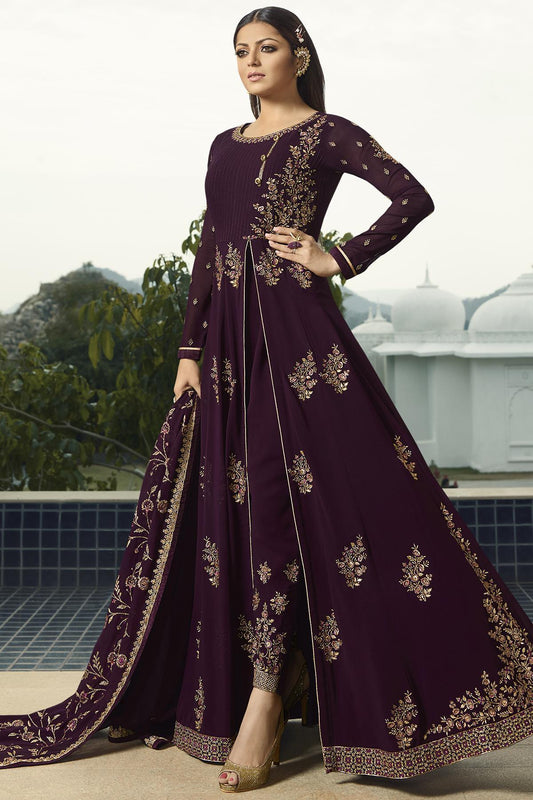 Wine Designer Embroidered Slit Cut Anarkali Suit