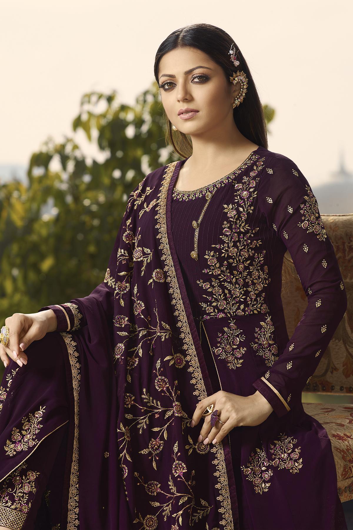 Wine Designer Embroidered Slit Cut Anarkali Suit