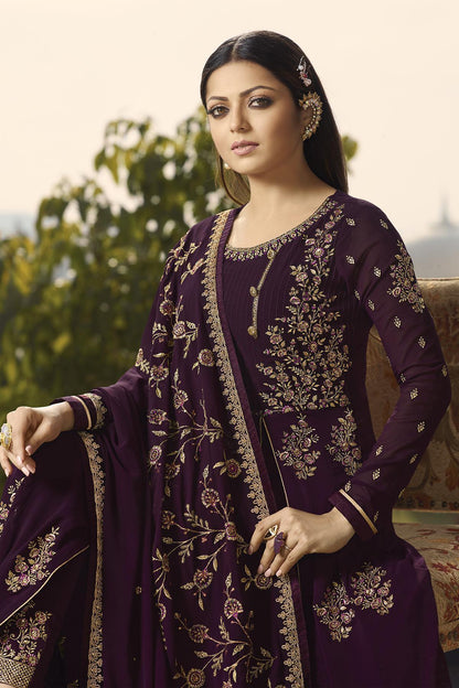 Wine Designer Embroidered Slit Cut Anarkali Suit