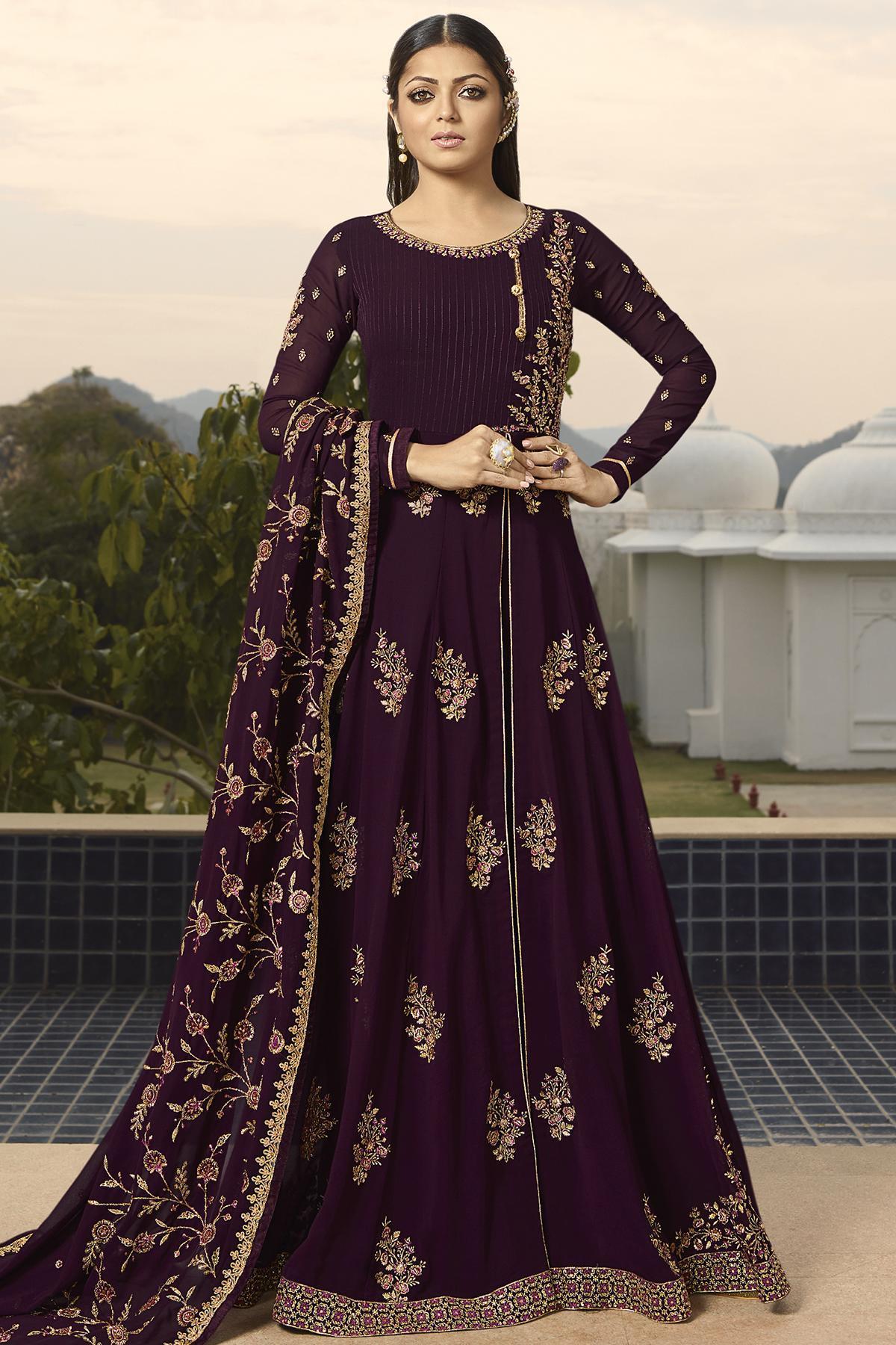 Wine Designer Embroidered Slit Cut Anarkali Suit