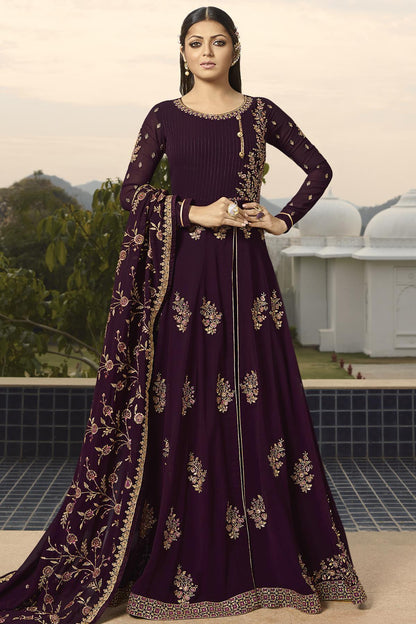 Wine Designer Embroidered Slit Cut Anarkali Suit