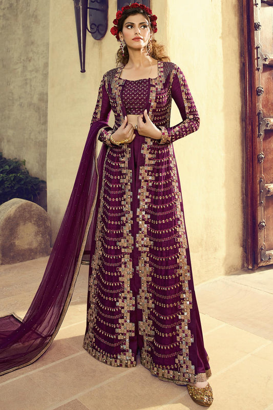 Wine Designer Silk Sharara Suit