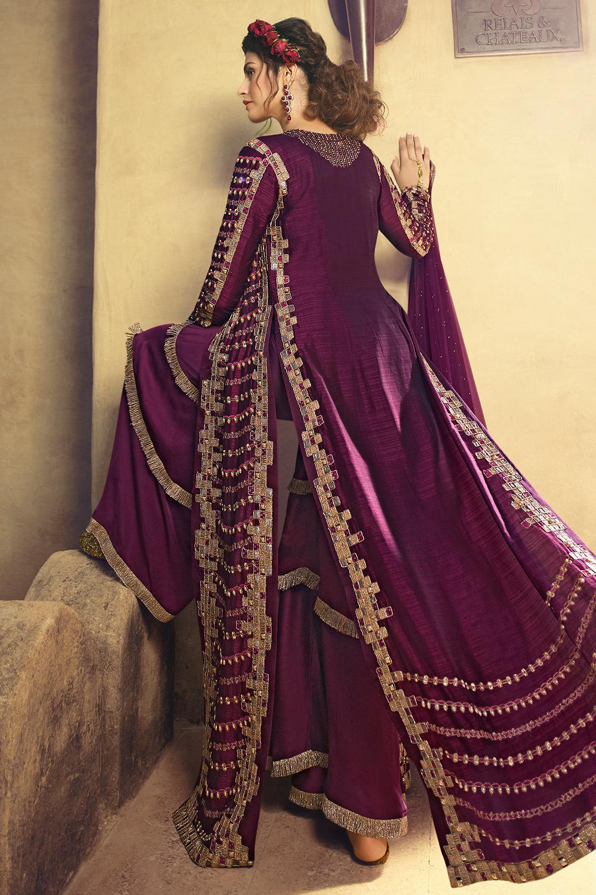 Wine Designer Silk Sharara Suit