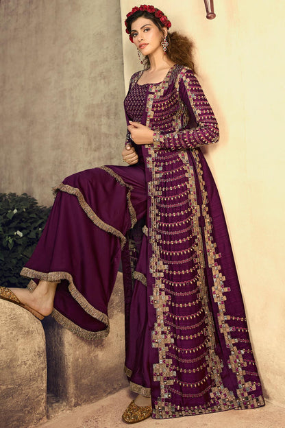 Wine Designer Silk Sharara Suit