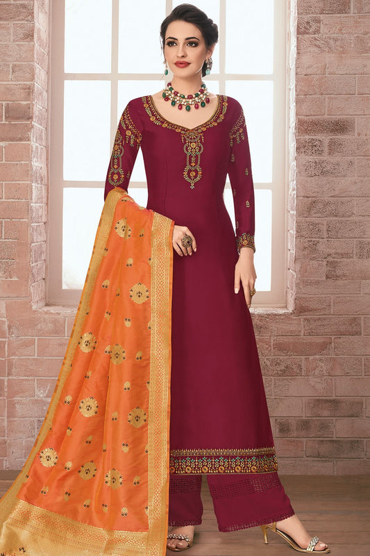 Wine Embroidered Georgette Straight Suit