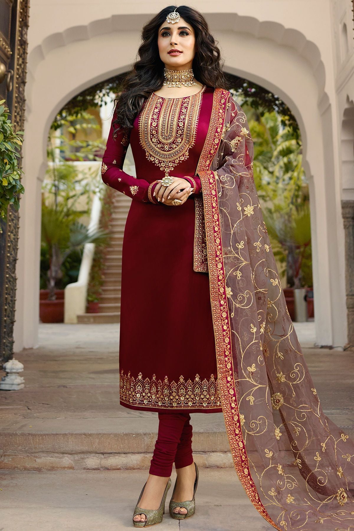 Wine Georgette Casual Straight Suit