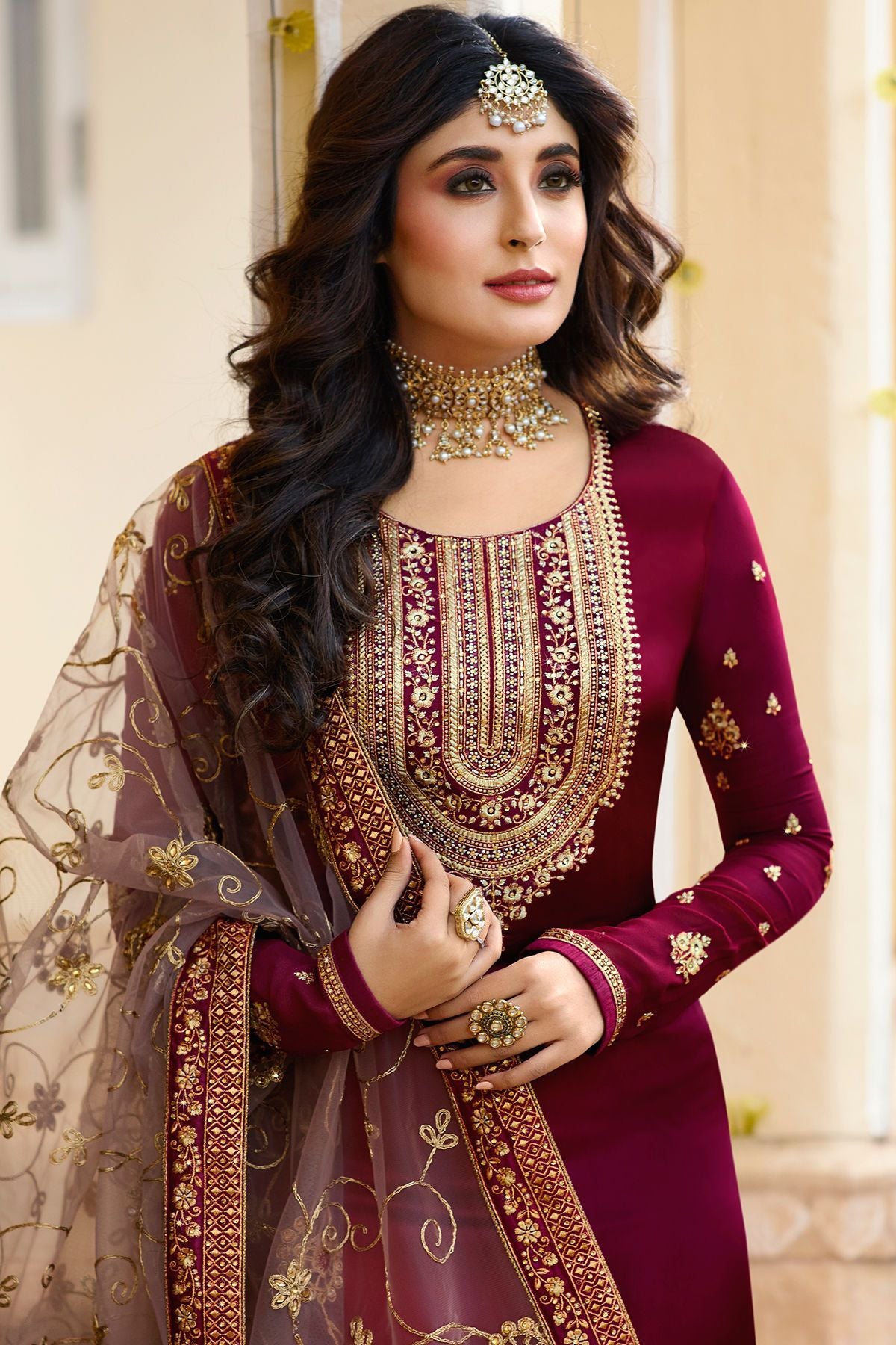 Wine Georgette Casual Straight Suit