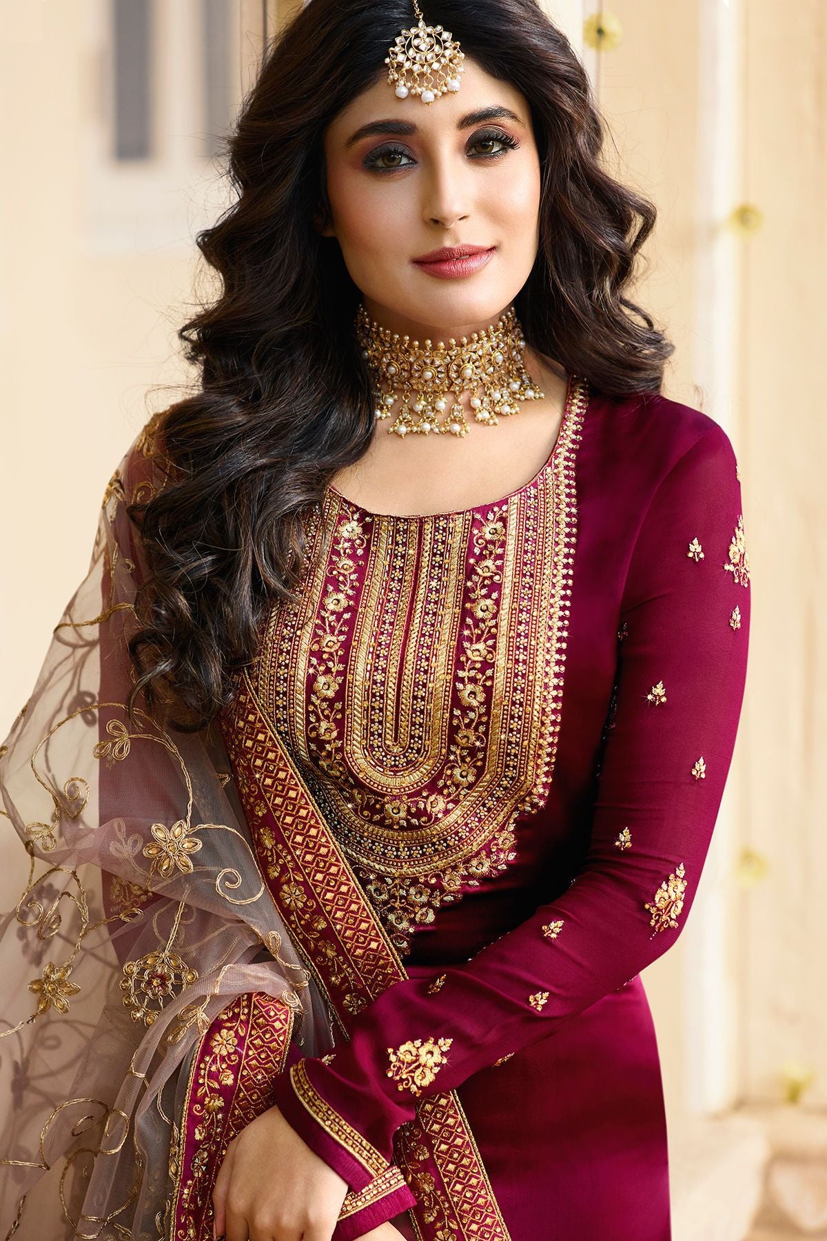 Wine Georgette Casual Straight Suit