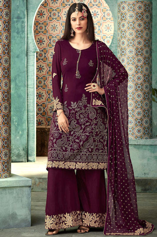 Wine Georgette Party Wear Palazzo Suit