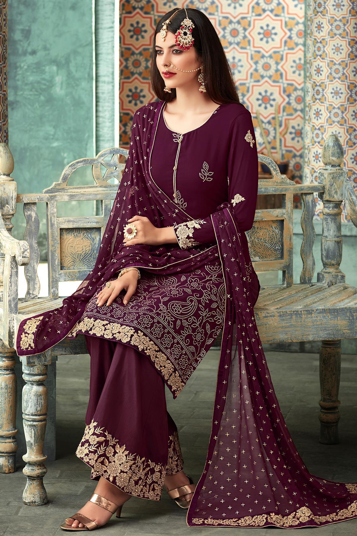 Wine Georgette Party Wear Palazzo Suit