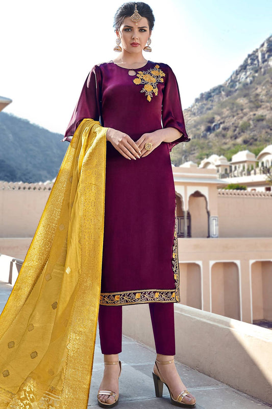 Wine Satin Georgette Designer Straight Suit
