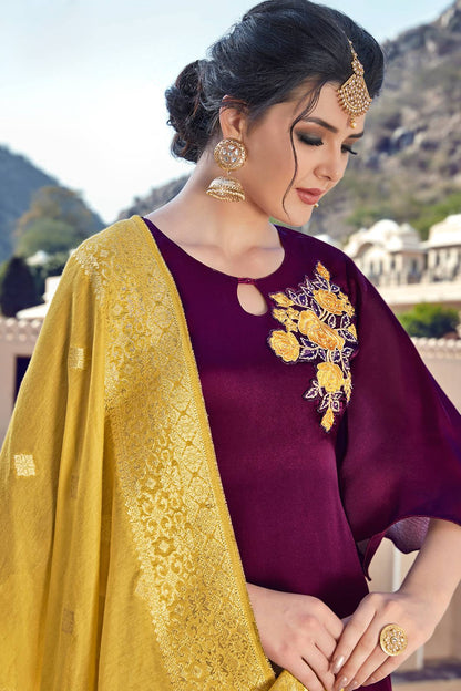 Wine Satin Georgette Designer Straight Suit