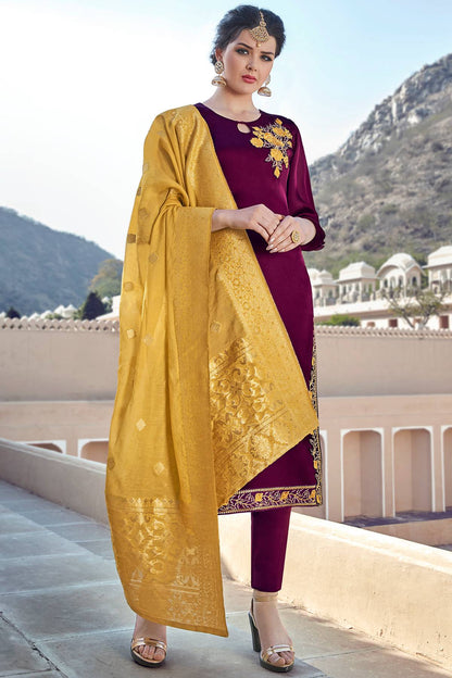 Wine Satin Georgette Designer Straight Suit