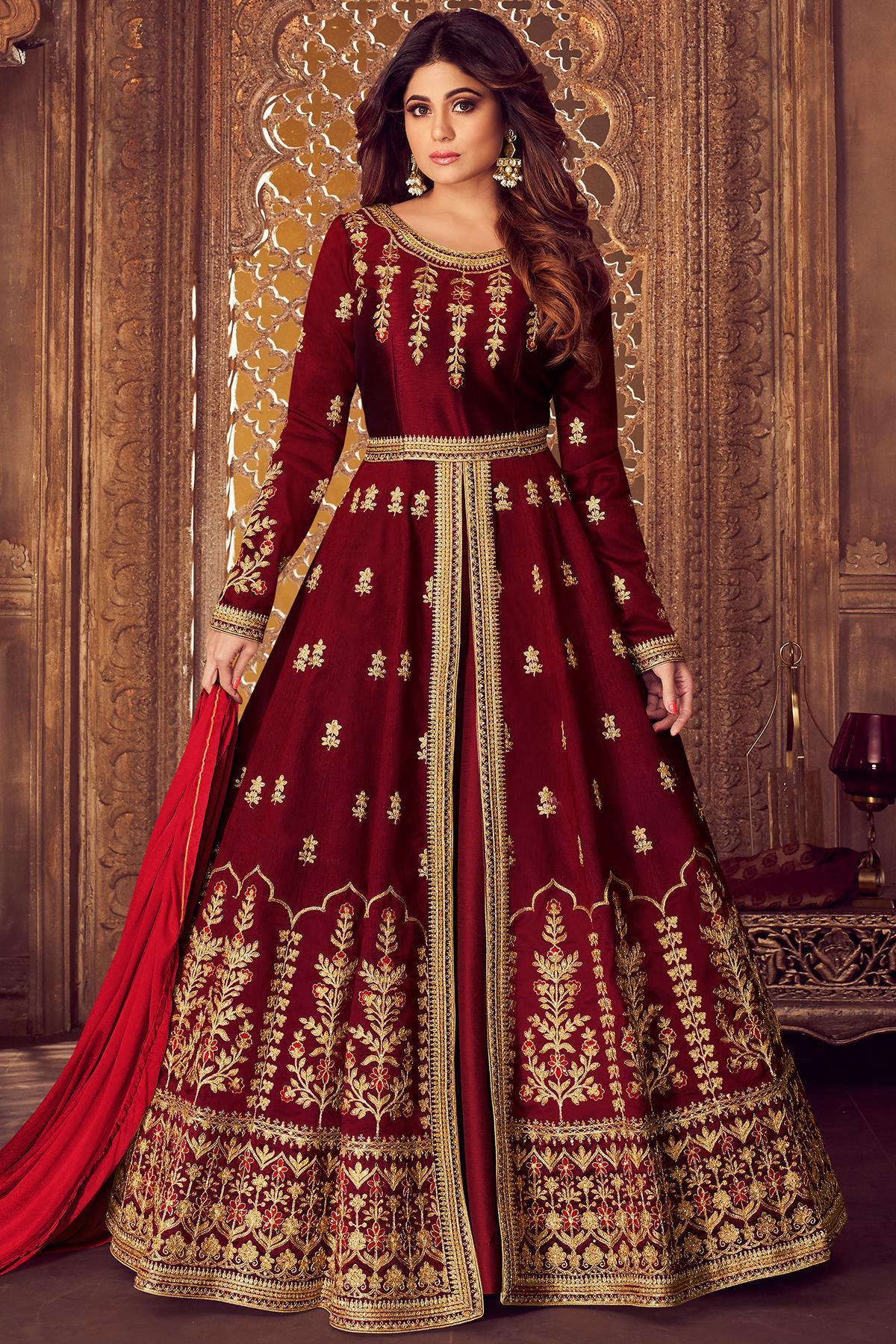 Wine Silk Party Wear Anarkali Suit