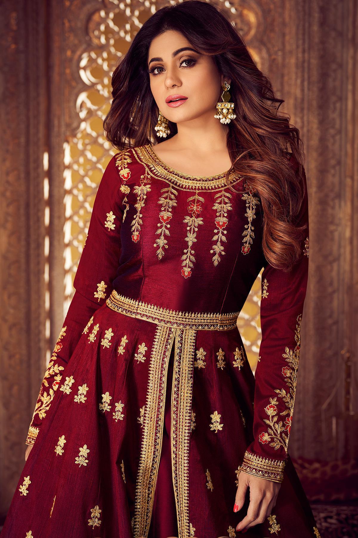 Wine Silk Party Wear Anarkali Suit