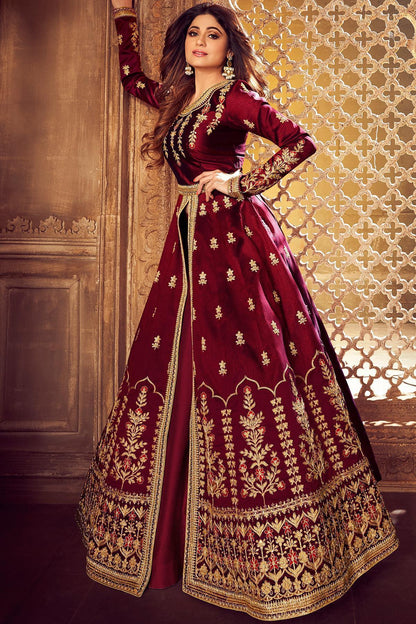 Wine Silk Party Wear Anarkali Suit