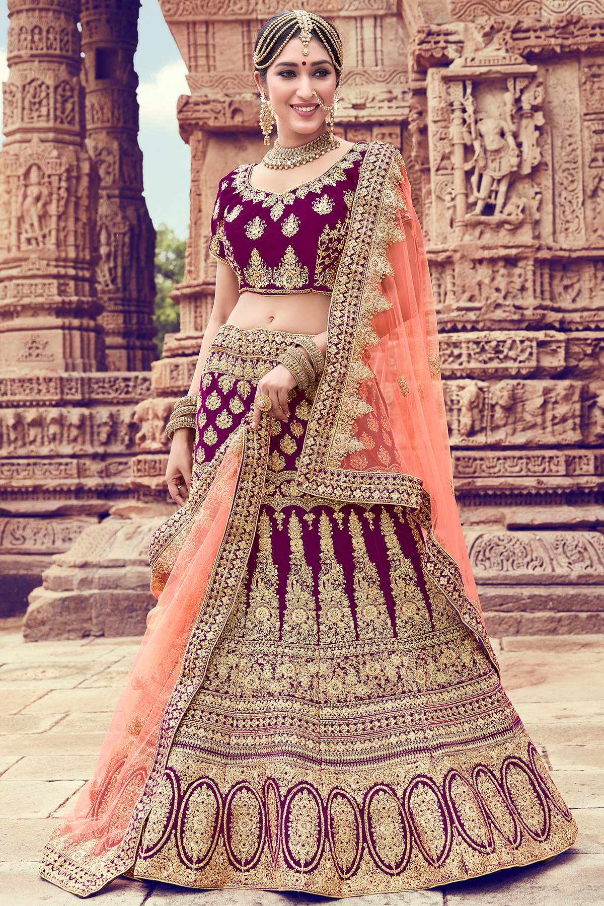 Wine Velvet Bridal Lehenga Choli
