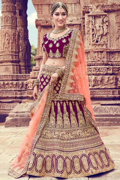 Wine Velvet Bridal Lehenga Choli