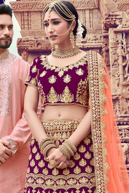 Wine Velvet Bridal Lehenga Choli