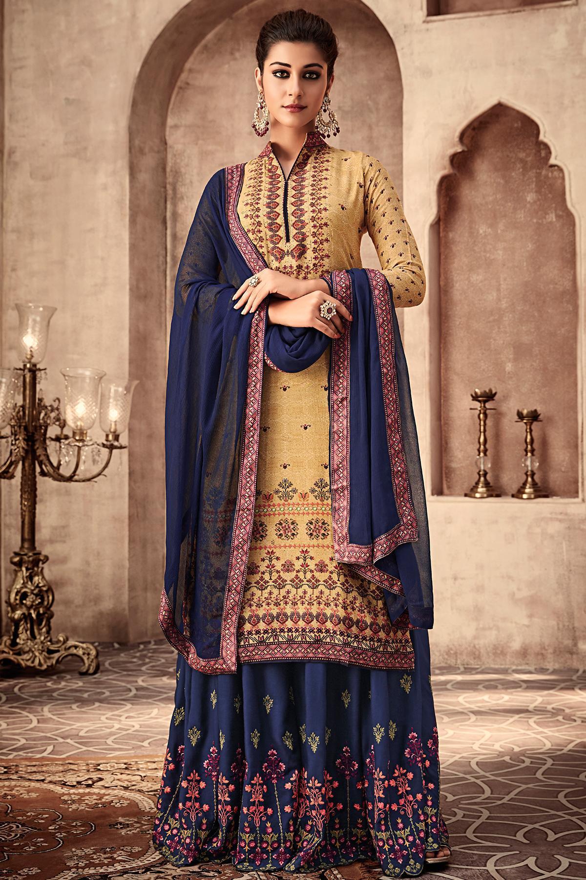 Yellow and Blue Printed Designer Sharara Suit