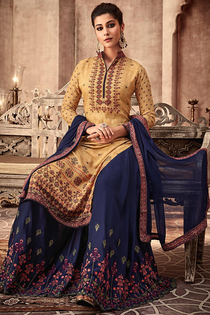 Yellow and Blue Printed Designer Sharara Suit